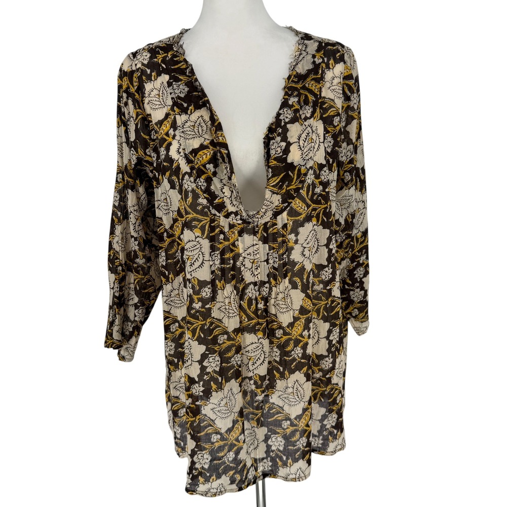 Natural Life Cotton Boho V-Neck Tunic Blouse Top Womens L/XL Brown Floral - Picture 2 of 8